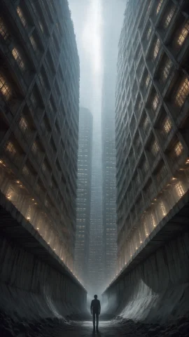 Liminal Space Megalophobia, Dystopian Scale. Looking Straigh... — Stable Diffusion AI Prompt: Liminal space megalophobia, dystopian scale. Looking straight up from the bottom...