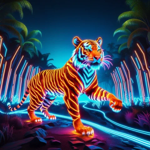 Neon Glow,led Strips, Futuristic Style,an Animal, Tiger, Tig... — SDXL AI Prompt: Neon glow,LED strips, Futuristic style,an animal, ((tiger, tiger shaped:1.5)),ou...