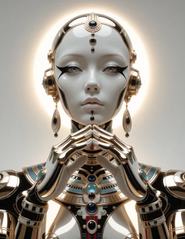 A Gold-skinned Divine Android Idol With Ritual Beauty And Se... — Stable Diffusion AI Prompt: a gold-skinned divine android idol with ritual beauty and severe poise, holding...