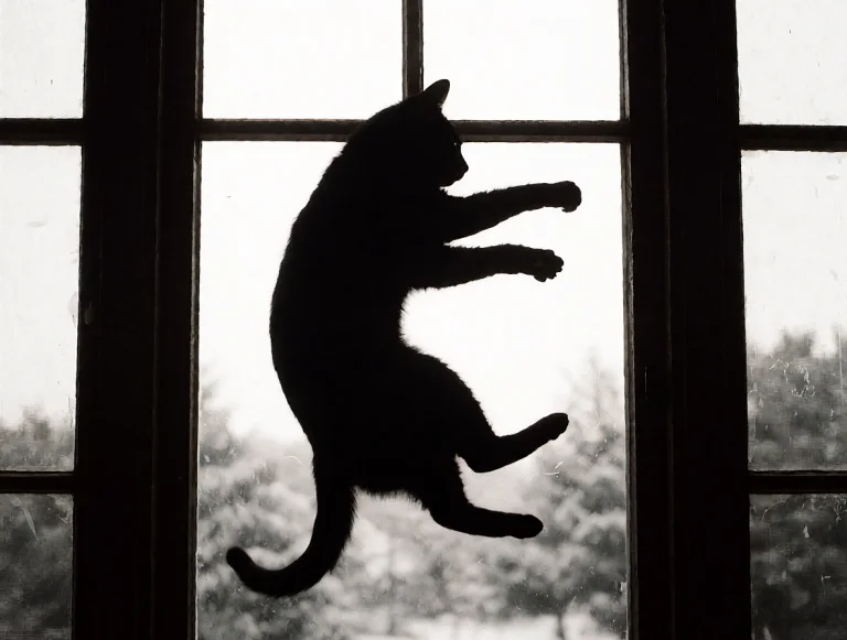 A Stark Black Silhouette Of A Cat Is Suspended Mid-air Again...