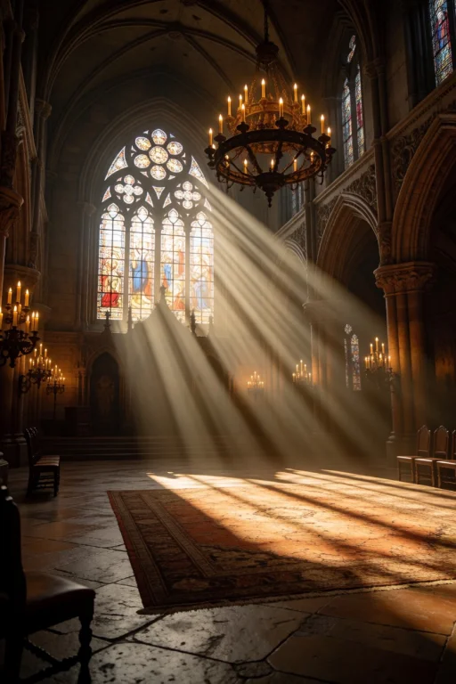 Photograph Of A Grand, Dimly Lit Cathedral Interior With Dra...