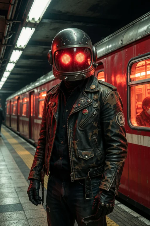 A Figure Stands On A Subway Platform Wearing A Cracked Helme...