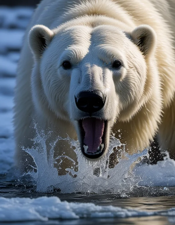 An Action Wildlife Photograph Of A Massive Polar Bear Bursti...