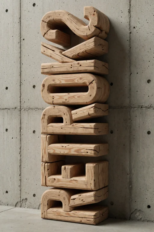 A Vertical Column Of Thick, Blocky Letters Made From Raw, Un...