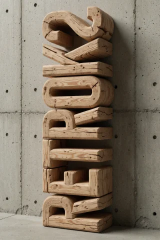 A Vertical Column Of Thick, Blocky Letters Made From Raw, Un... — Stable Diffusion AI Prompt: A vertical column of thick, blocky letters made from raw, unfinished timber stan...