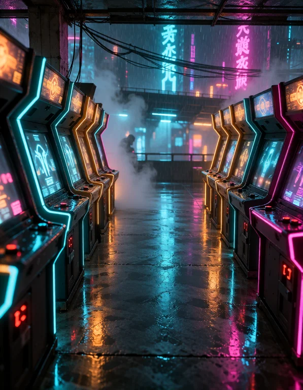 Cyb3r Qu4rt13r, Empty Arcade Viewed Diagonally Through The G...