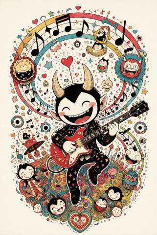 Decodaal, A Smiling Demon Plays An Electric Guitar At The Ce... — Stable Diffusion AI Prompt: DecoDaal, A smiling demon plays an electric guitar at the center of an elaborate...