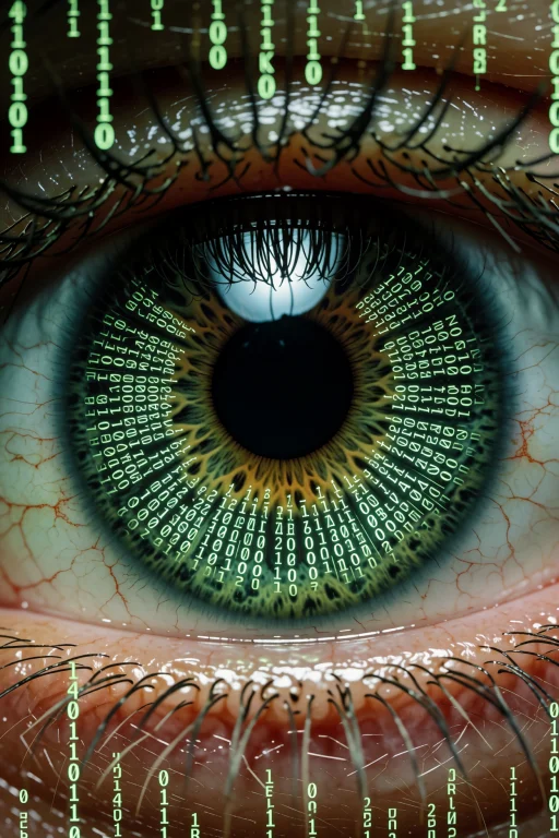 A Human Eye Merges With Cascading Binary Digits That Form It...