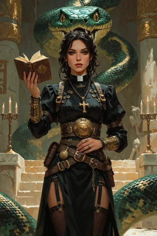 Priest Woman, Steampunk Outfit, One Woman, Detailed Backgrou... — Stable Diffusion AI Prompt: priest woman, steampunk outfit, one woman, detailed background, temple, snake cu...
