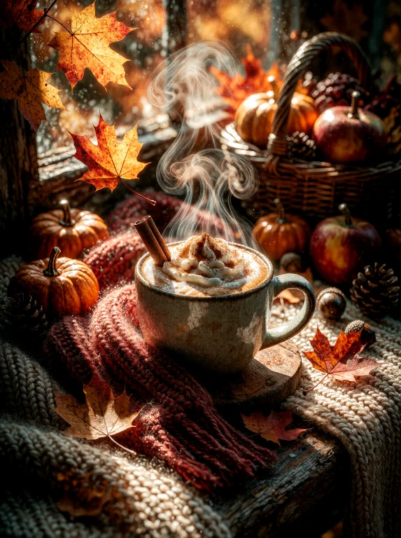 Photorealistic Cozy Autumn Lifestyle Photograph, A Large Cer...