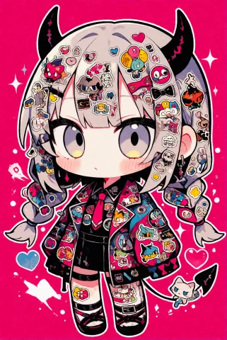 Decodaal , A Chibi Demon Girl Covered In Stickers. — Stable Diffusion AI Prompt: DecoDaal , A chibi demon girl covered in stickers.