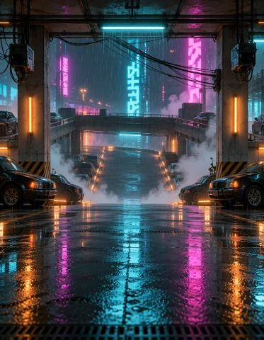 Cyb3r Qu4rt13r, Corporate Underground Parking, Sputtering Ne... — Stable Diffusion AI Prompt: cyb3r qu4rt13r, corporate underground parking, sputtering neon tubes, security c...