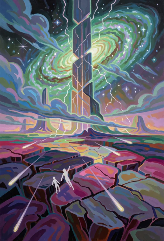 Painting Of A Surreal Cosmic Landscape, Rendered In Vivid, S...