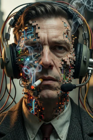 A Mans Face Merges With A Bulky Digital Headset Bristling Wi... — Stable Diffusion AI Prompt: A man’s face merges with a bulky digital headset bristling with wires and glowin...