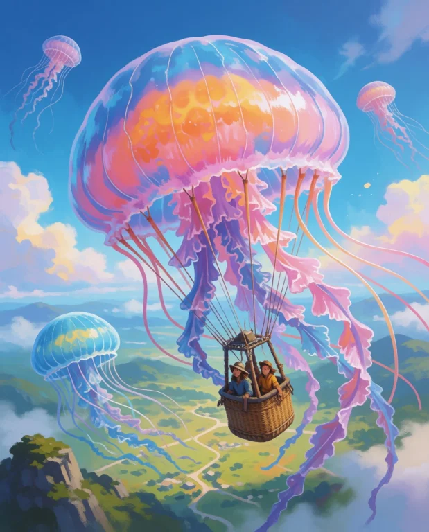 Colourful Fantasy Landscape. Giant Floating Jellyfish Used A...