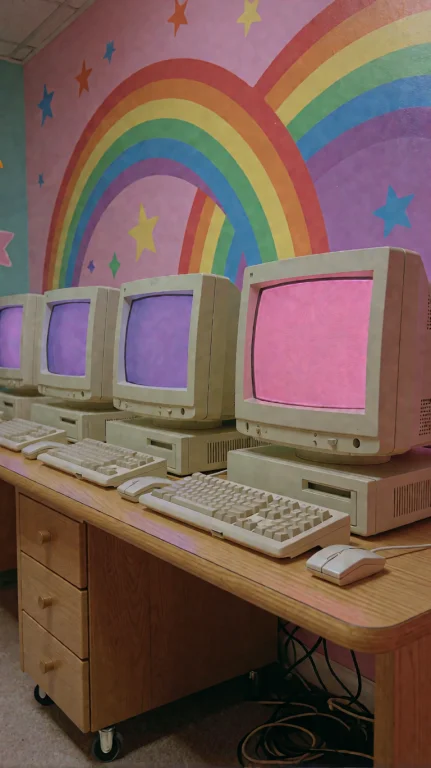 Photograph Of A Row Of Four Beige, Vintage-style Crt Compute...