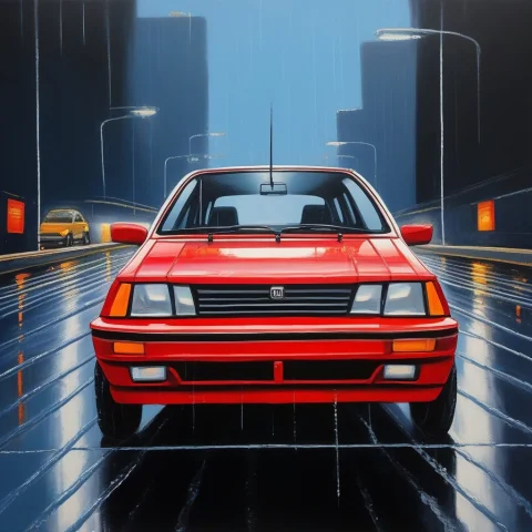 A Bright Hatchback On A Rain-soaked Overpass, Acrylic Painti... — SDXL AI Prompt: a bright hatchback on a rain-soaked overpass, acrylic painting, symmetrical comp...