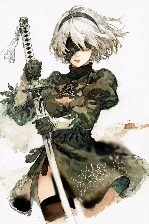 Traditional Watercolor Portrait, 2b From Nier Automata Holdi...