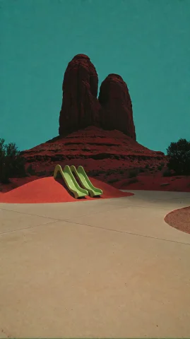 Wide Low-angle View Of A Surreal Empty Playground Scene Domi... — Stable Diffusion AI Prompt: Wide low-angle view of a surreal empty playground scene dominated by a massive d...