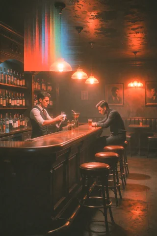 The Interior Of A Dimly Lit Vintage Bar At Midnight. A Barte... — Stable Diffusion AI Prompt: The interior of a dimly lit vintage bar at midnight. A bartender wipes a glass b...