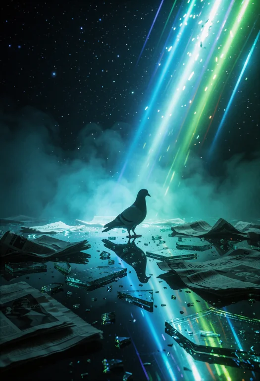 A Solitary Pigeon Stands Amidst Shattered Glass Shards And S...