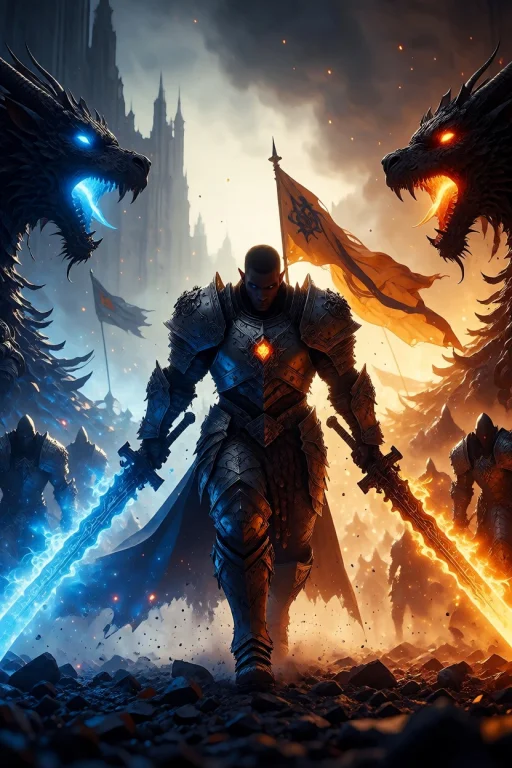 Epic Fantasy Battle Between Warriors And Magical Creatures,...