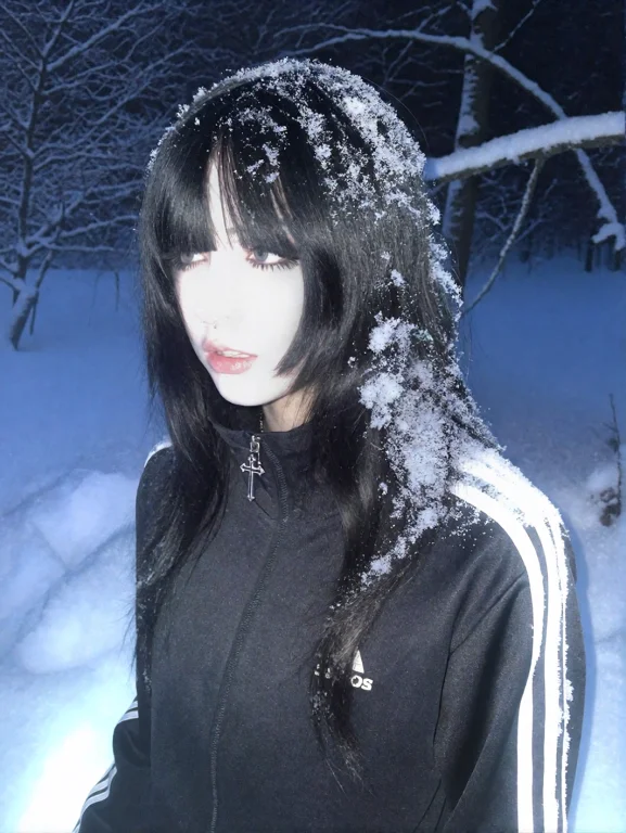 Shot On Nokia With 2000s Aestetics. A Young Woman With Pale...
