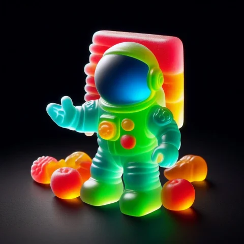 Gummymorph, An Astronaut Planting A Flag On A Gummy Moon, Ea... — SDXL AI Prompt: gummymorph, an astronaut planting a flag on a gummy moon, earth in the black sky...