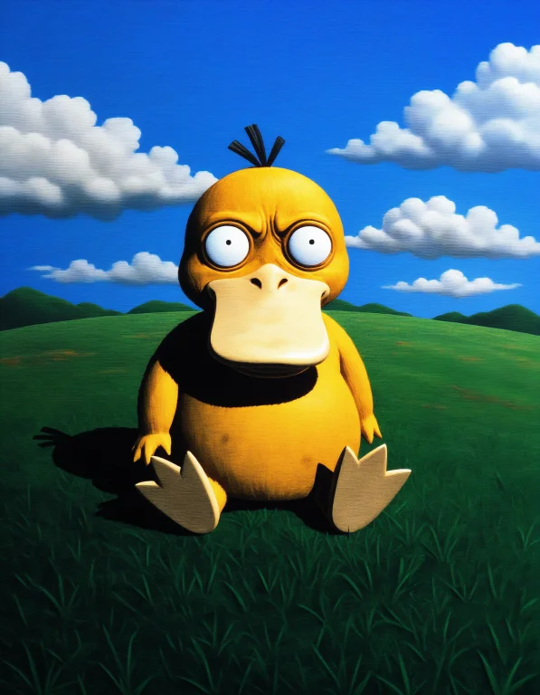 Psyduck, No Humans, On Grass, Blue Sky, Cloud, Oil Painting...