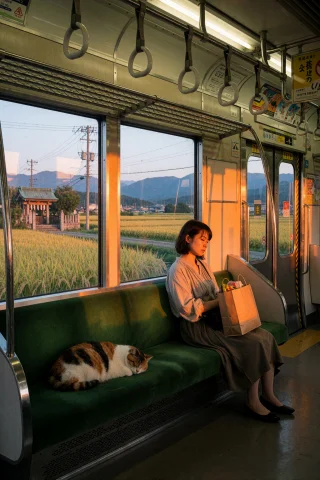 Inside A Quiet Local Train Carriage In The Japanese Countrys... — Stable Diffusion AI Prompt: Inside a quiet local train carriage in the Japanese countryside at sunset, warm...
