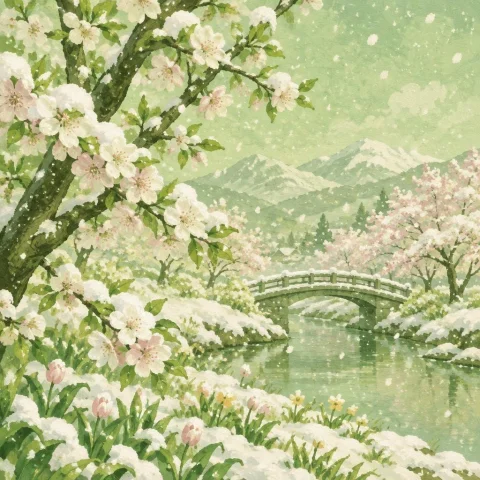 Pistachio Color Art Style No Words Snow In Spring — Stable Diffusion AI Prompt: Pistachio color art style ((no words)) Snow in Spring