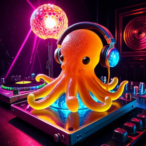 Gummymorph, An Octopus Wearing Headphones And A Gold Chain D... — SDXL AI Prompt: gummymorph, an octopus wearing headphones and a gold chain DJing at turntables,...