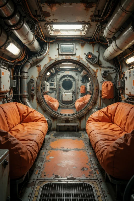 A Spacecraft Module Interior Where Plush Orange Beanbag Sofa...