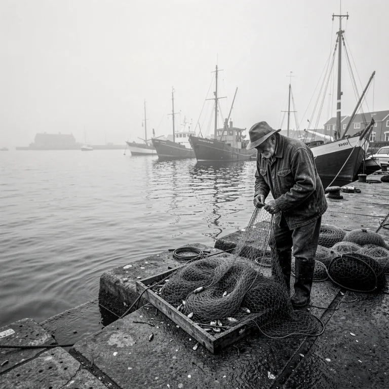 An Old Fisherman Mending Nets At The Harbor, Foggy Diffused...