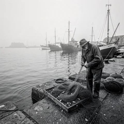 An Old Fisherman Mending Nets At The Harbor, Foggy Diffused... — Stable Diffusion AI Prompt: an old fisherman mending nets at the harbor, foggy diffused light, wide establis...