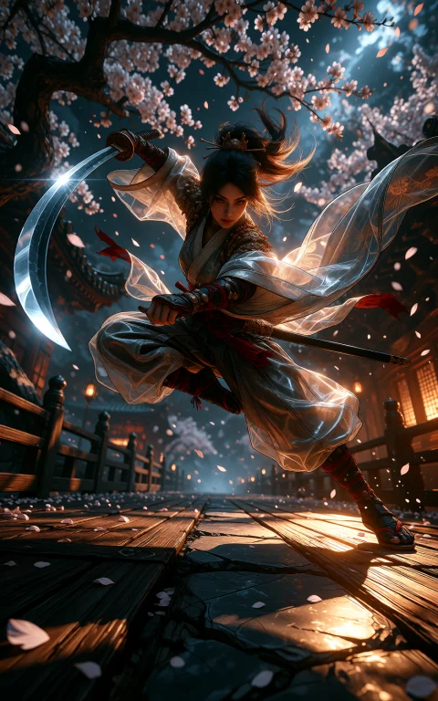 Cinematic Wide Shot, Centered Female Martial Artist In Elega...
