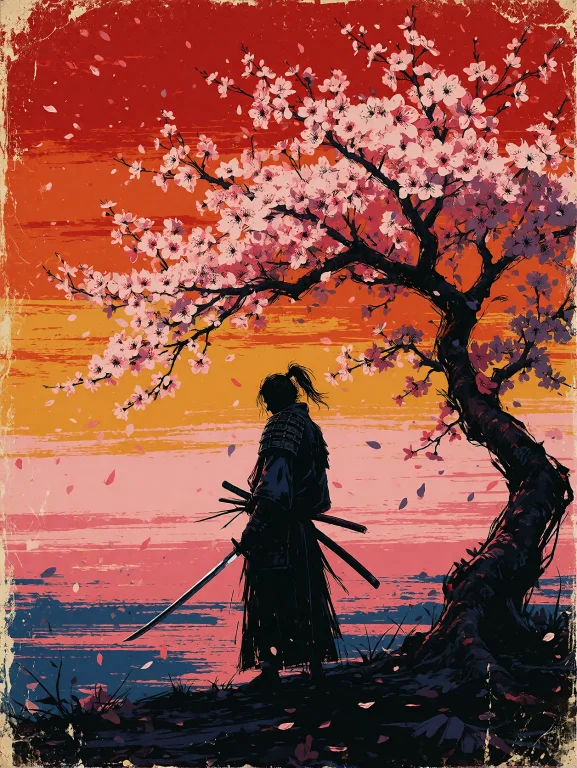 Minimalist Retro Screen Print Poster Of A Samurai Silhouette...