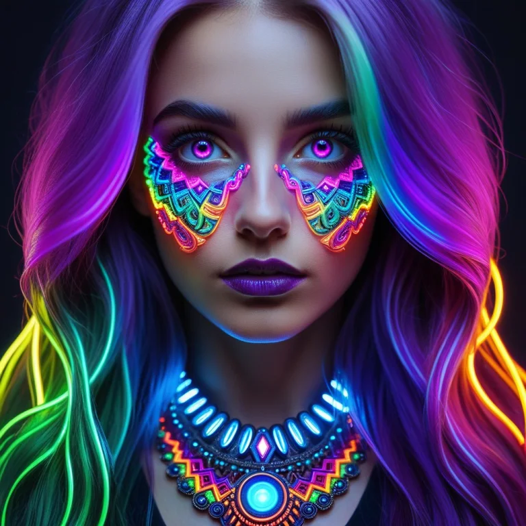 Led, Colorful Led Lights Close Up Photo Of A Woman With Rain...