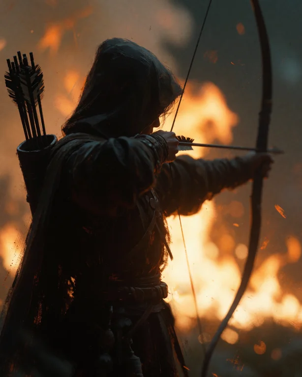 A Dark, Cinematic Silhouette Of A Hooded Archer Drawing A Bo...