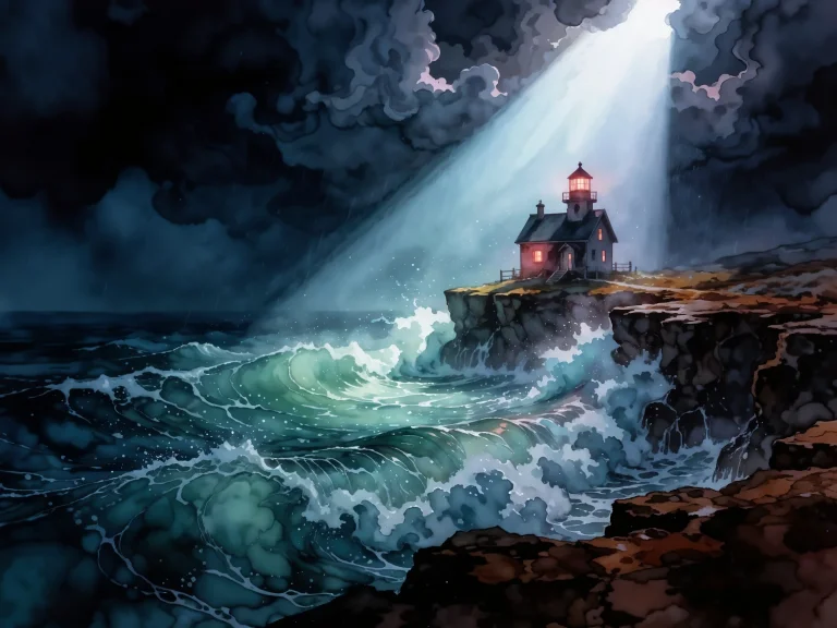 Lighthouse On Cliff Stormy Sea Waves Crashing Beam Of Light...