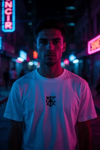 Photograph Of A Man Standing In A Dimly Lit Urban Setting At... — Stable Diffusion AI Prompt: Photograph of a man standing in a dimly lit urban setting at night. The image is...