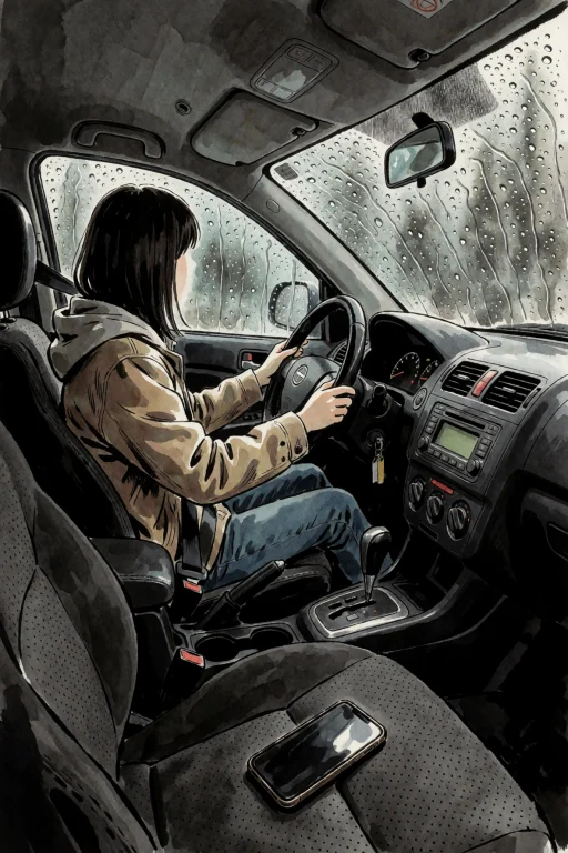 Woman Sitting Alone In The Drivers Seat Of A Parked Car, Eng...