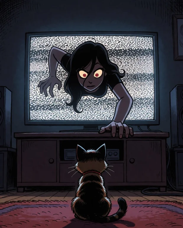 In A Dark Living Room, A Kitten Sits Alone In Front Of A Tv...