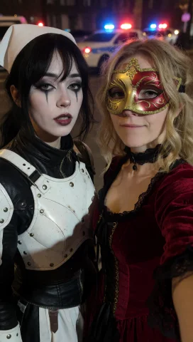 Two Women Standing Side-by-side In A Nighttime Urban Setting... — Stable Diffusion AI Prompt: Two women standing side-by-side in a nighttime urban setting with blurred police...