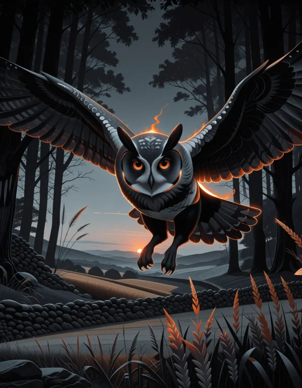 An Owl In Flight Through A Dark Forest With Orange Irises An...