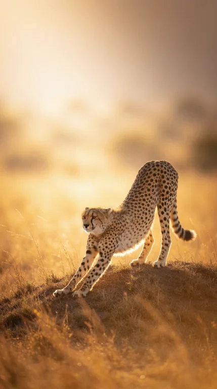 Cheetah Stretching On A Grassy Mound, Front Paws Extended Lo...