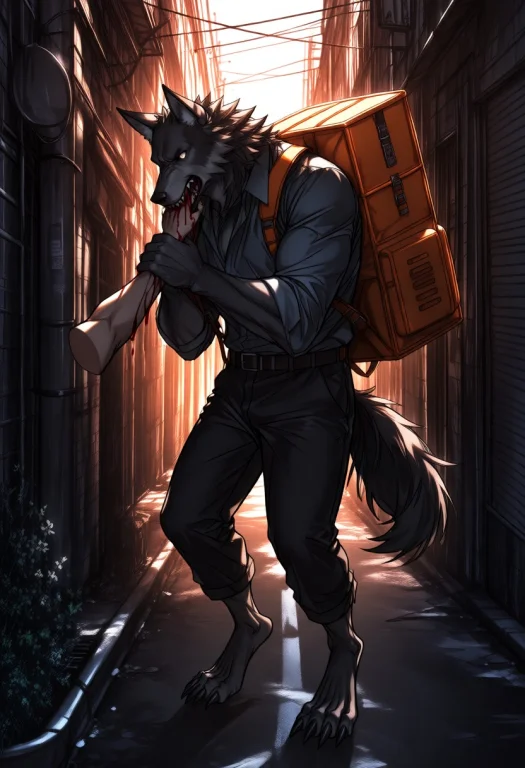 A Muscular Werewolf With A Huge Cubic Orange Delivery Backpa...
