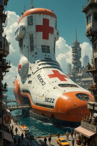 A Colossal Medical Station Shaped Like A Giant Boot, Towerin... — Stable Diffusion AI Prompt: A colossal medical station shaped like a giant boot, towering over a bustling fu...