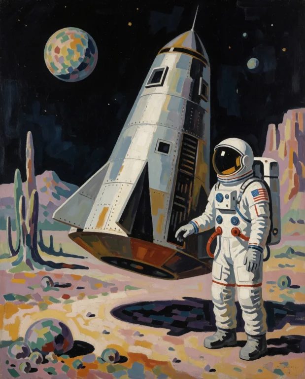 Painting Of A Spaceship Landing Alien Planet. Cosmonaut Next...
