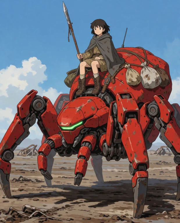 Red Mecha Robot Resembling Spider. Mecha Spider Walks Throug...